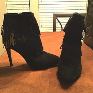 Black Suede High Heel Fringe Boots